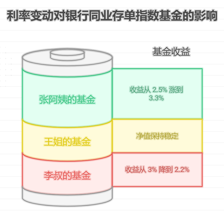 投资者您好呀，市场利率变动对银行同业存单指数基金影响还挺直接的，利率上升时收益通常会涨，下降时收益可能跟着降呢。要是你想知道怎么应对利率变动，或者想选受影响小的基金，加我微信聊聊呀，我给你分析分析规律，还能推荐几款表现稳的呢。 利率变动对基金的影响 利率上升，基金收益往往提高 市场利率上涨时，新发同业存单利率会随之上升，基金到期后再投资能拿到更高收益。比如去年利率上调，某基金收益从 2.5% 涨到 3.3%，客户张阿姨那段时间收益明显多了。 利率下降，基金收益可能减少 利率下行时，新发行的存单利率降低，基金收益会受拖累。客户李叔买的基金就因利率连续下调，收益从 3% 降到 2.2%，不过整体还是比活期高。 利率波动对净值影响小 这类基金主要投短期存单，持有时间短，利率波动对净值冲击小，不像长期债券基金波动大。客户王姐经历过几次利率变动，基金净值没大起大落，很安心。  其实把握利率变动规律能更好地配置这类基金。要是你想知道当下利率环境适合怎么买，或者想了解抗波动的优质基金，点击右上角加我微信吧，我会结合利率走势推荐，让你在利率变动中也能稳拿收益，有疑问随时找我解答哦。