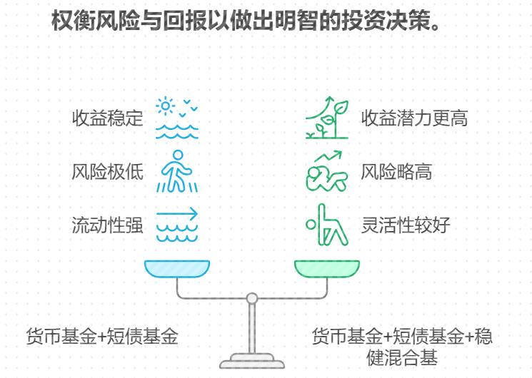 手里有10万闲钱，支付宝买基金想赚点零花钱，短期1年内，选货币基金+短债基金搭配，还是加一点稳健混合基，收益更高还控风险？