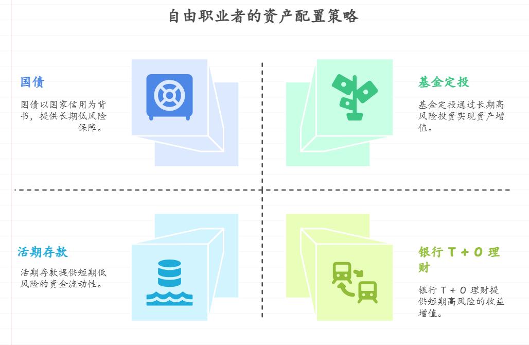 自由职业者，收入时高时低，平均每月能剩1万元，想通过理财实现资产保值增值，既要有短期能周转的钱，又要有长期增值的资产，该怎么配置？