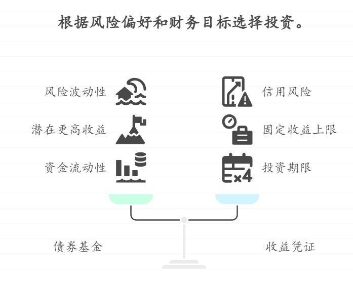 有14万闲置资金，想在支付宝找年化5%左右的稳健理财，债券基金和收益凭证在风险保障和收益上限方面有何差别？我该怎么选？