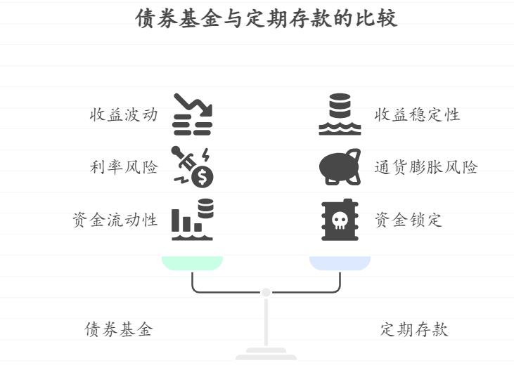 我有7万，想在支付宝做年化5%左右的稳健理财，债券基金和定期存款相比，收益计算方式和风险来源有何不同？哪个更符合我的需求？