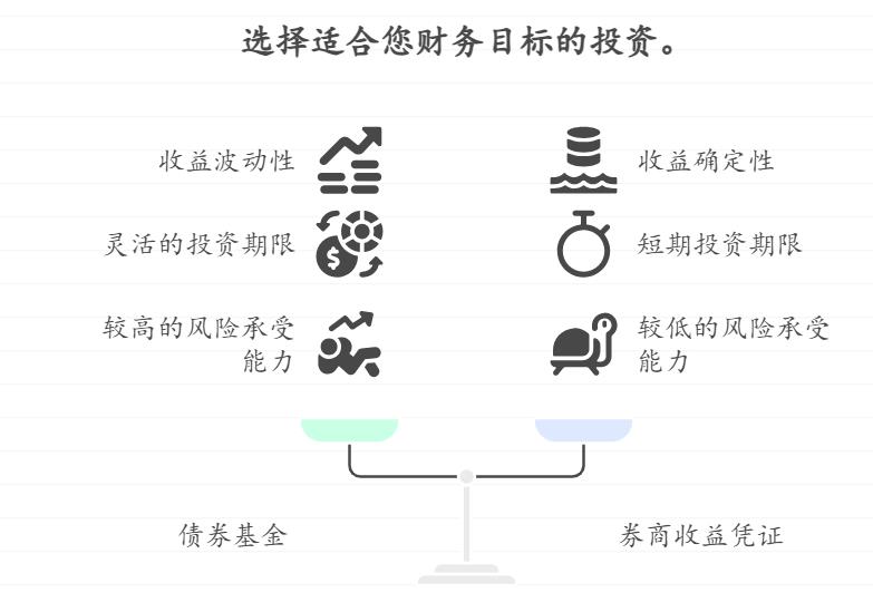 手头12万，想实现年化5%左右的稳健理财，支付宝的债券基金和券商收益凭证（固定收益型）在产品条款和收益兑现上有何不同？选哪个好？