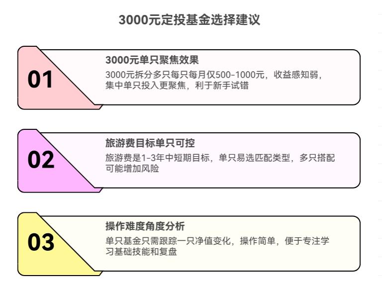 手里就 3000 块闲钱，想定投基金攒点旅游费，选一只先试试水，还是多只搭着买更稳啊？
