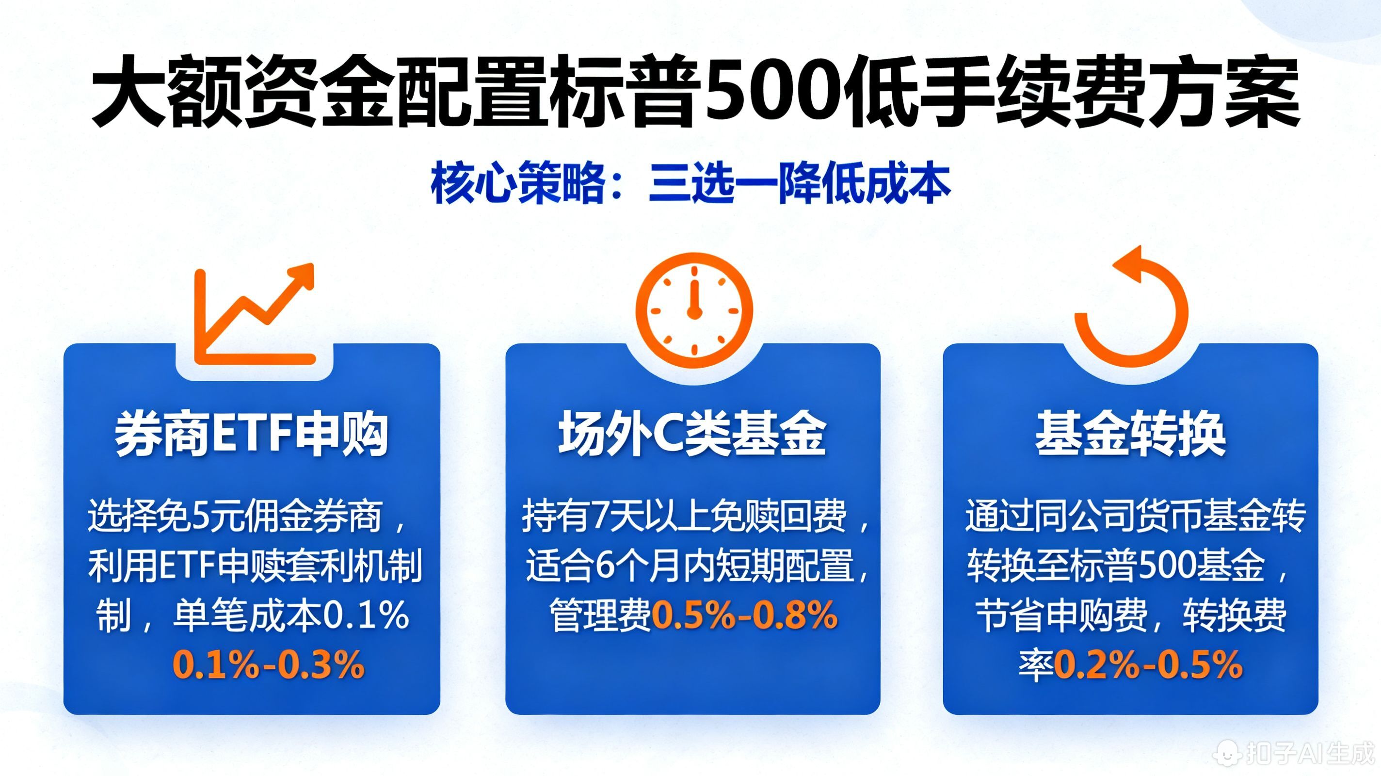 大额资金快速配置标普500，有没有手续费更低的方式?