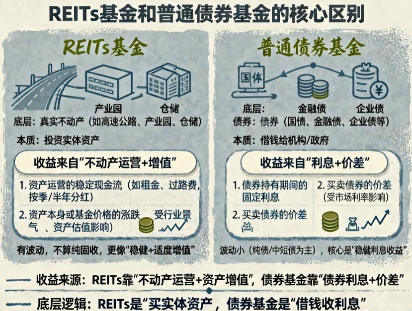 REITs基金和普通债券基金，收益来源不一样吗？