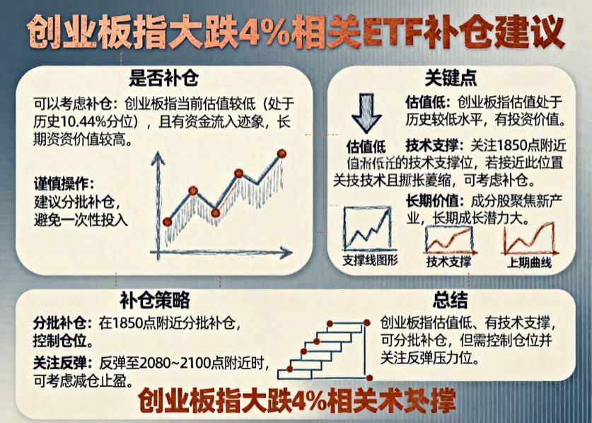 创业板指大跌4%，相关ETF已经套牢，能补仓吗？