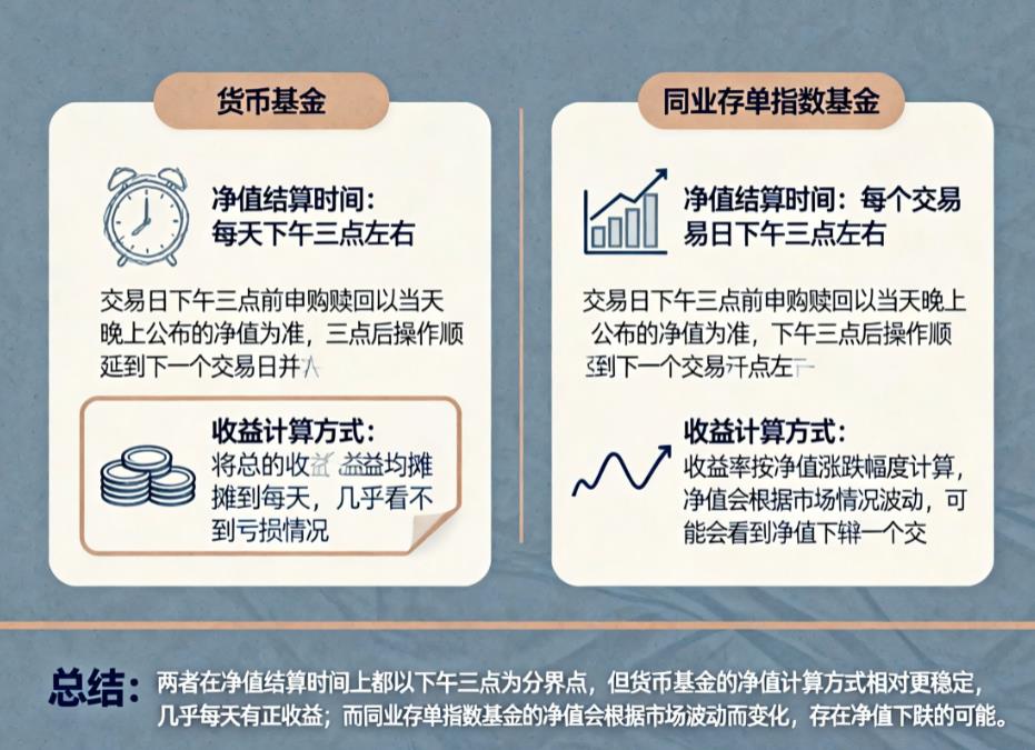 同业存单指数基金和货币基金,净值结算时间一样吗?
