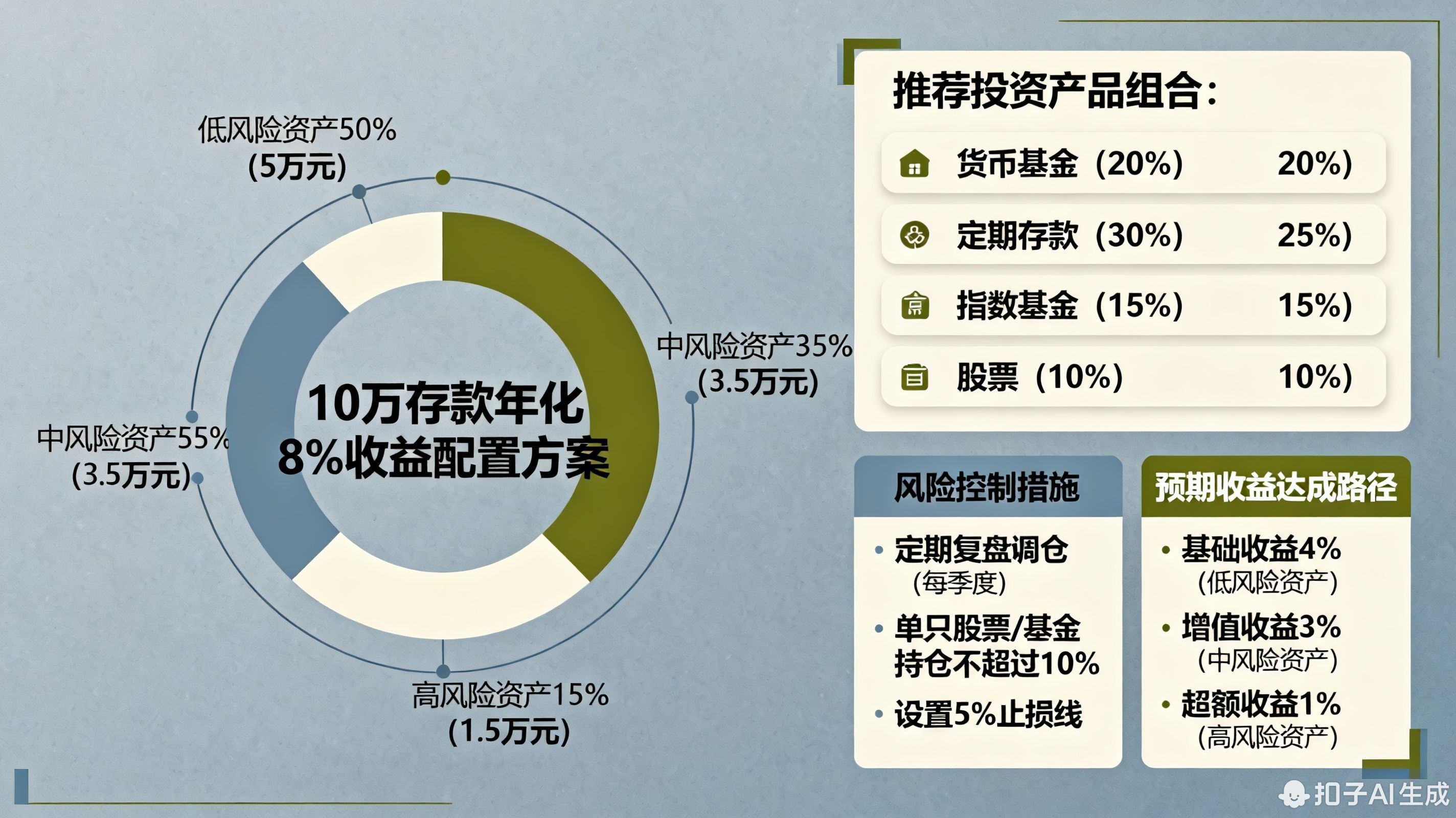 第一段（口语化直接回答） 10万存款想实现年化8%收益，对年轻人来说，别光盯着单一高风险投资，组合配置才是王道！建议用“稳中求进”策略：60%资金选稳健型资产打底，40%配置权益类资产冲收益，长期坚持大概率能达标，但得做好风险分散，别盲目追高收益。  第二段（分小标题回答）  60%稳健打底：固收类资产保安全 纯债基金/国债：年化4%-6%，波动小，适合作为“压舱石”。比如持有3万纯债基金，每年能贡献1200-1800元收益。 银行定期/大额存单：3年期利率约2.6%，2万存银行，每年利息520元，虽然收益低，但本金安全，适合应急备用。 40%冲收益：权益类资产博增长 指数基金定投：每月定投1000-2000元沪深300、中证500等宽基指数，长期年化收益约8%-10%。比如4万资金定投3年，收益可能超1万。 优质主动管理基金：选长期业绩稳定、基金经理经验丰富的产品，比如消费、科技行业基金，但需注意单只基金占比不超过总资金的20%，避免单一风险。 第三段（口语化总结+引流） 10万理财想稳赚8%，关键得“分散+长期”！我公司名列行业前列，具备雄厚师资力量，欢迎右上角加微信，下载盈米启明星APP输入6521免费学理财，专业投顾帮您定制组合方案，让每一分钱都高效增值！