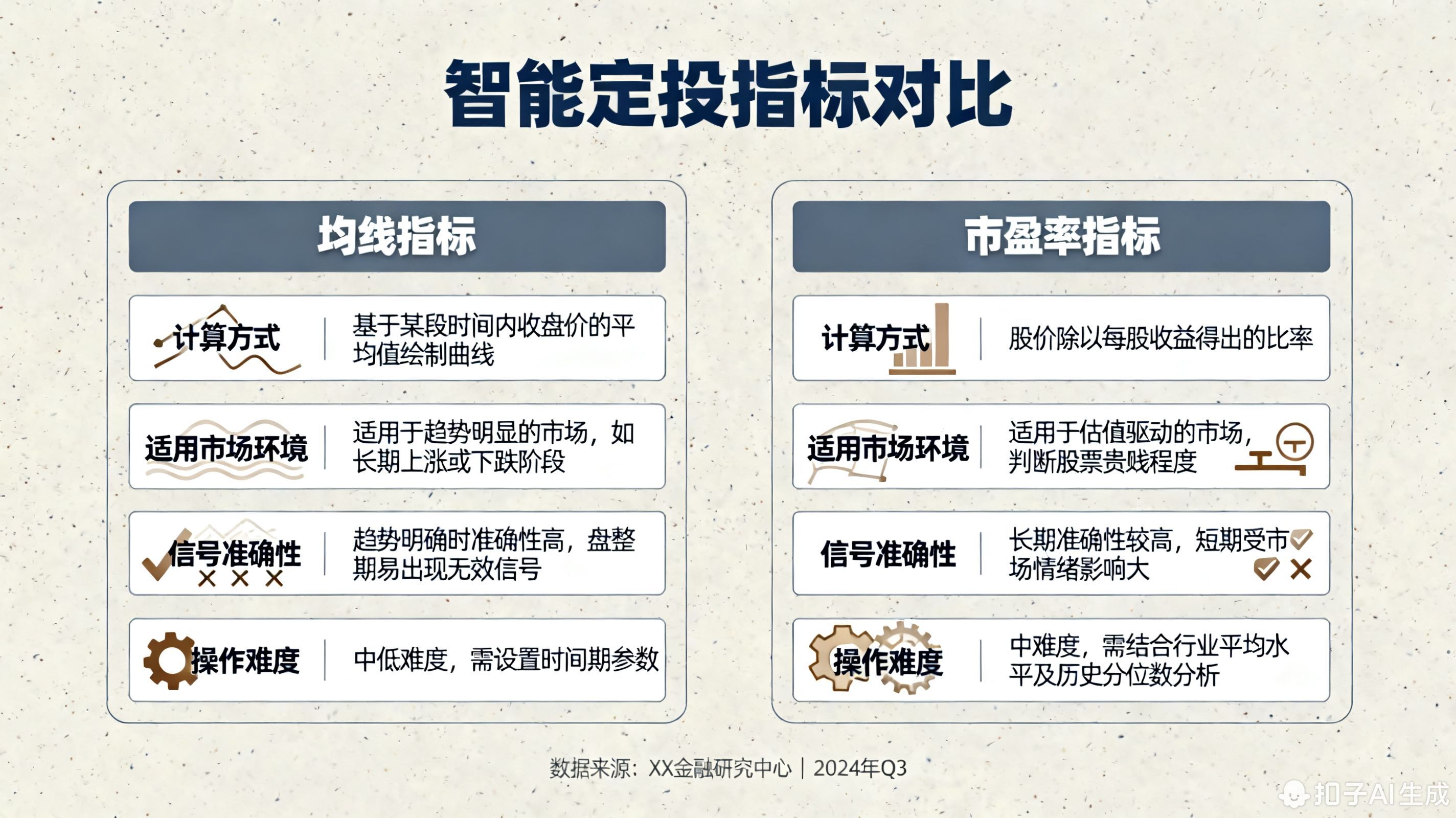 第一段(口语化直接回答问题) 智能定投选均线还是市盈率?别纠结!均线适合“新手友好”,操作简单,按市场点位高低调整金额;市盈率更适合“老手”,能抓住估值洼地,长期收益可能更高。关键看你的投资经验和风险偏好,想省心选均线,想“抄底”选市盈率! 第二段(分小标题回答) 均线策略:新手友好,操作简单 原理:以指数的均线(如180日、250日)为基准,当指数低于均线时多投(比如多投50%),高于均线时少投(比如少投50%),通过“低位多买、高位少买”降低持仓成本。 优势:不用盯估值、不用分析行业,适合没时间研究的小白。 局限:均线是滞后指标,可能错过市场极端行情(如暴跌后的快速反弹)。 市盈率(PE)策略:精准“抄底”,收益潜力大 原理:以指数的PE百分位为参考(如PE百分位低于30%为低估,高于70%为高估),低估时多投,高估时少投或暂停,直接抓住估值便宜的机会。 优势:长期收益可能更高,尤其适合指数基金(如沪深300、中证500)。 局限:需要定期关注估值数据,对投资者经验要求较高。 第三段(口语化总结+引流) 智能定投选指标,适合自己的才是最好的!我公司名列行业前列,具备雄厚师资力量,欢迎右上角加微信,下载盈米启明星APP输入6521免费学理财,专业投顾帮您匹配最优策略,让定投收益更上一层楼!