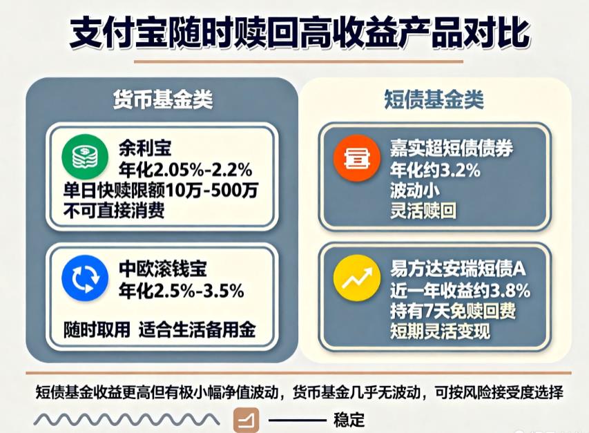 想找一款能随时赎回、收益比余额宝高一点的理财产品，支付宝上有推荐吗？