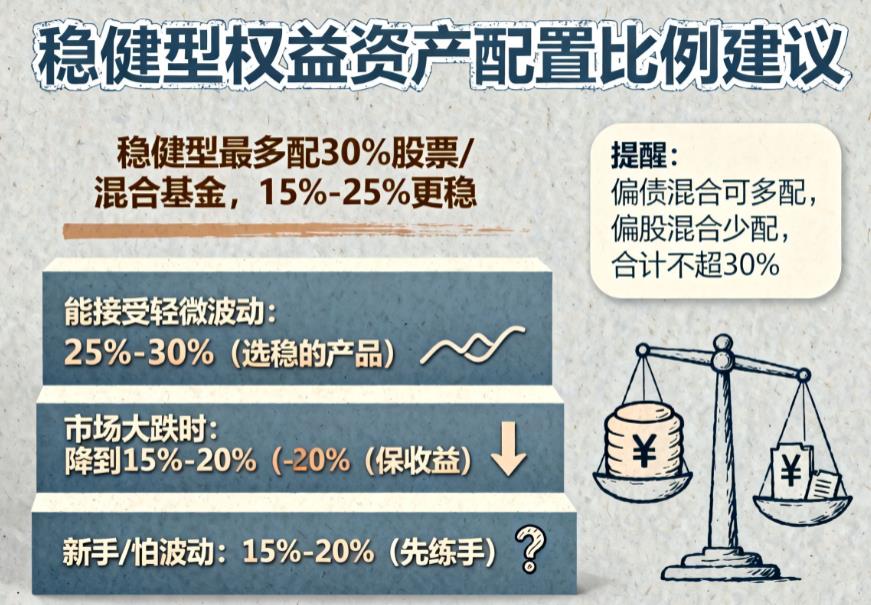 稳健型投资者最多可以配置多少比例的股票或混合基金？