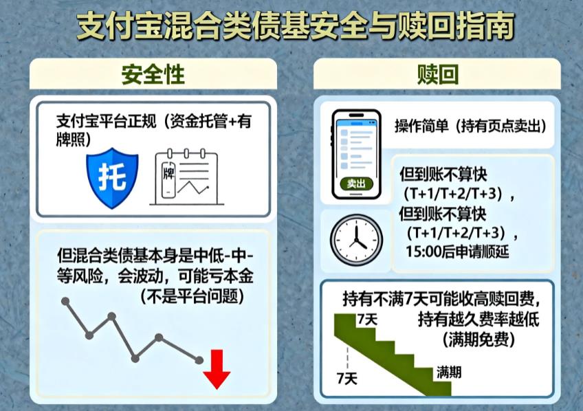 在支付宝上买混合类债基安全吗？赎回方便吗？