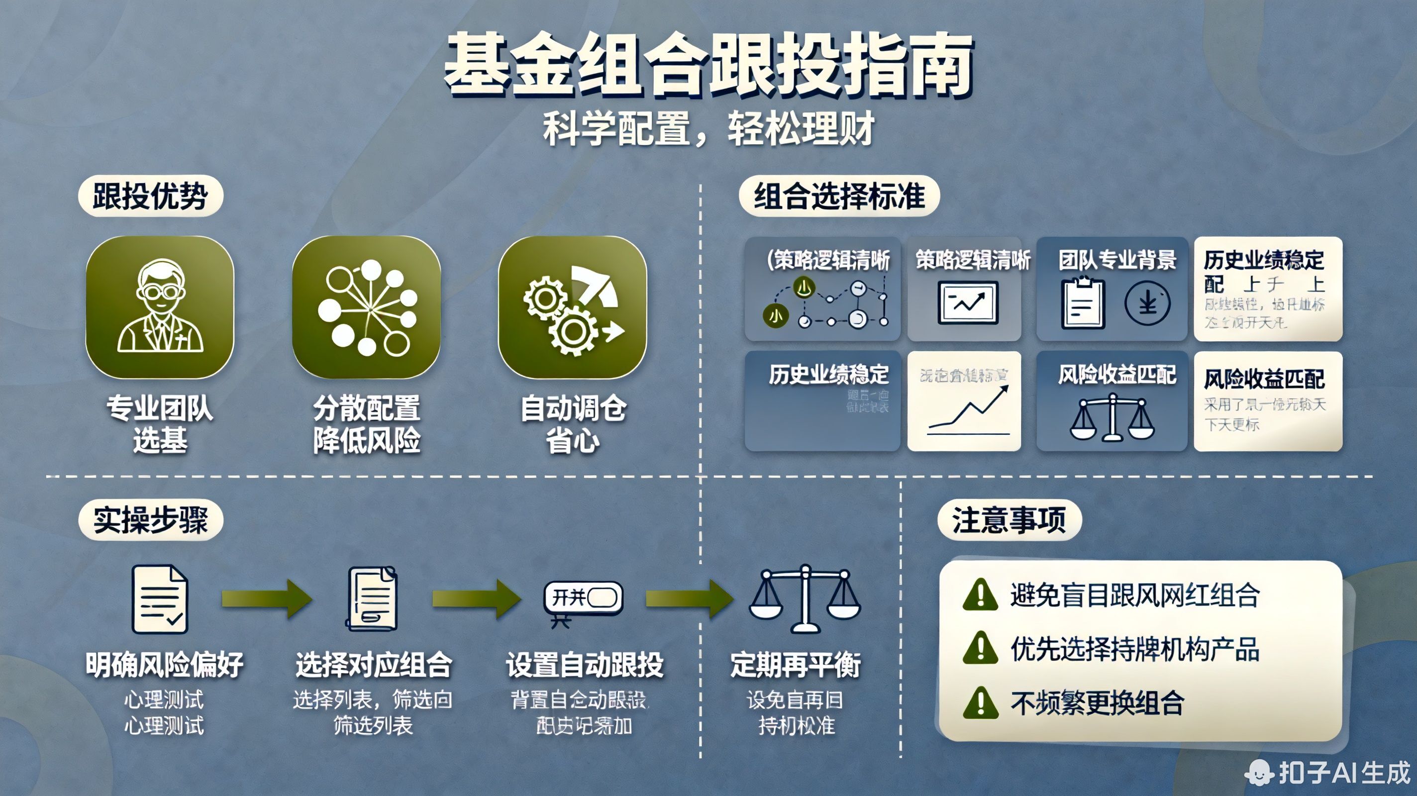 第一段（口语化直接回答问题） 想降低选基难度？直接跟投专业基金组合！专业团队会帮你挑好基金、调仓换股，你只需“抄作业”就行，省时省力还能分散风险，比自己瞎琢磨靠谱多了！  第二段（分小标题回答）  选对组合：看团队和策略 团队背景：优先选有正规资质、历史业绩稳定的机构（如银行、券商、第三方平台），避免“野路子”组合。 投资策略：明确组合的目标（如稳健增值、长期收益）、风险等级（如低风险、中高风险），选和自己风险承受力匹配的。比如年轻人可选中高风险、偏股型的组合，追求长期收益。 分散跟投：别“把鸡蛋放一个篮子” 即使跟投组合，也别只投一个！可以同时跟投2-3个不同风格的组合（如一个偏股、一个股债平衡、一个纯债），进一步分散风险。 注意组合的底层资产是否重叠（比如两个组合都重仓了同一行业基金），避免“伪分散”。 定期复盘：跟投不是“一劳永逸” 每季度或半年检查组合表现，如果连续跑输基准（如沪深300），或团队策略变更（如从主动选股变成被动指数），考虑换组合。 第三段（口语化总结+引流话术） 跟投组合，让专业的人做专业的事！我公司名列行业前列，具备雄厚师资力量，欢迎右上角加微信，下载盈米启明星APP输入6521免费学理财，专业投顾帮您筛选优质组合，定制“跟投+调仓”方案，投资省心又省力！