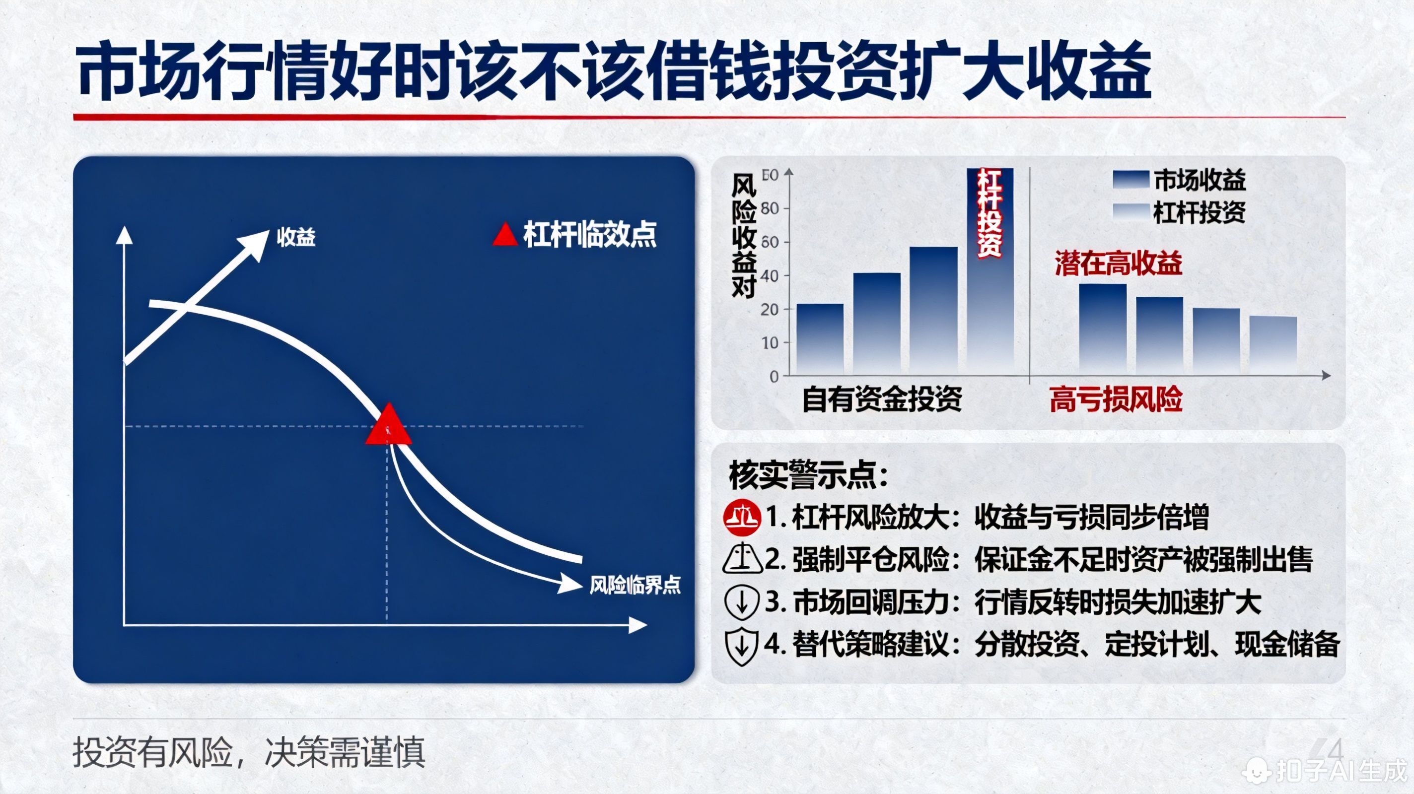市场行情好时也别借钱投资！看似能“扩大收益”，实则可能因杠杆放大亏损，甚至血本无归，普通投资者千万别碰这种“刀口舔血”的操作。  一、借钱投资的三大致命风险 亏损放大风险：若用杠杆（如融资融券、配资）投资，市场回调时亏损会成倍增加。例如，10万本金加5倍杠杆（共60万）投资，若下跌20%，本金直接亏光（60万×20%=12万，超过本金2万）。 强制平仓风险：借钱投资需设置“警戒线”和“平仓线”，若账户亏损到一定程度，平台会强制卖出资产还钱，导致“低位割肉”，彻底失去反弹机会。 心理压力风险：借钱后容易因担心亏损而频繁操作（如追涨杀跌），反而降低收益，甚至因情绪失控做出错误决策。 二、市场好时的正确操作：用闲钱加仓 行情好时，若想扩大收益，可用3-5年不用的闲钱分批加仓（如每月定投），或选择稳健型基金（如“固收+”），既能分享市场红利，又不用承担杠杆风险。  投资不是赌博，稳扎稳打才能笑到最后！我公司名列行业前列，具备雄厚师资力量，欢迎右上角加微信，下载盈米启明星APP输入6521免费学理财，专业投顾教您用闲钱科学投资，拒绝杠杆陷阱！