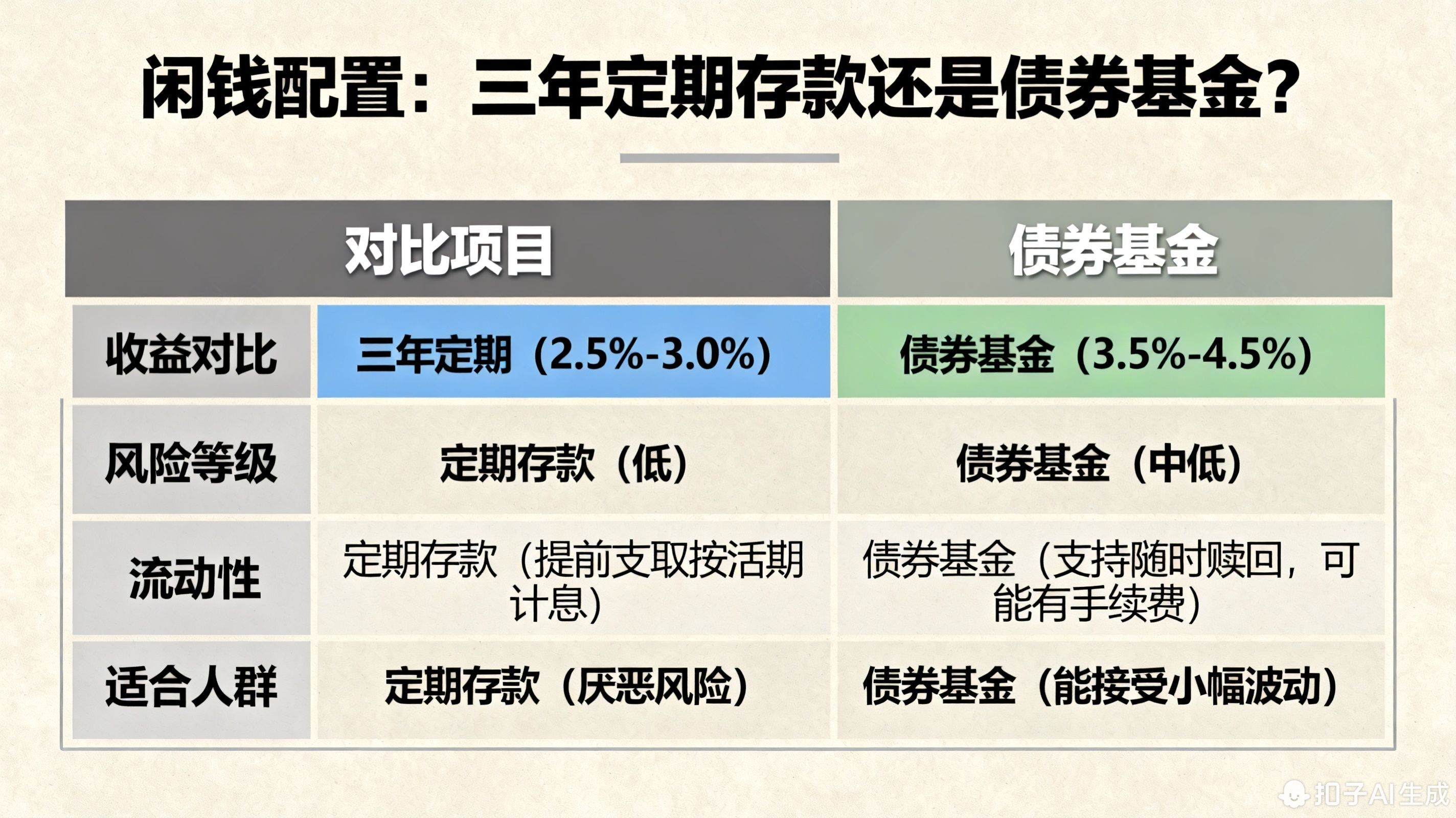 手上有点闲钱,是存个三年定期好,还是买个债券基金好?