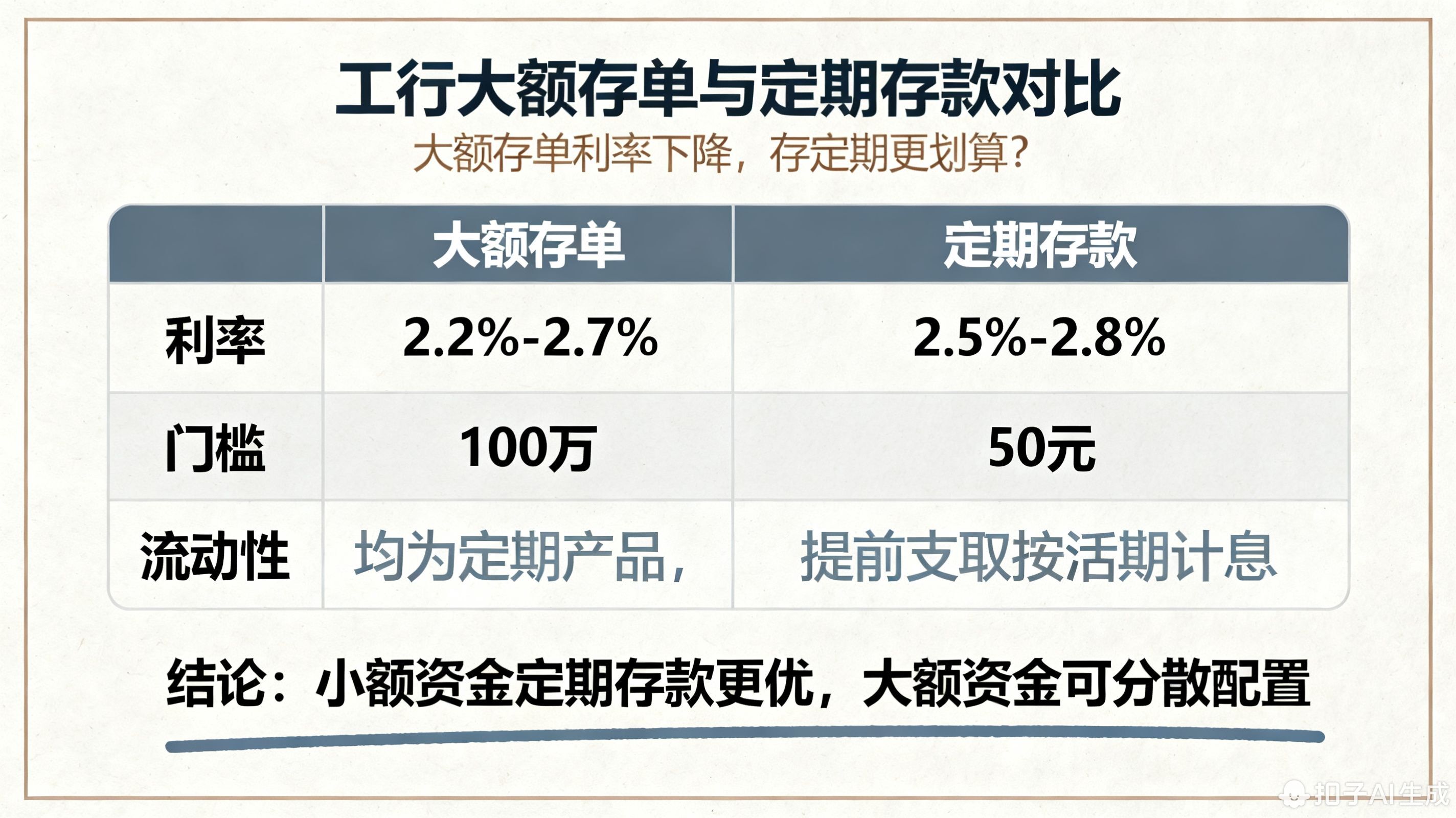 工行大额存单利率也降了，那还不如直接存定期，对不对?