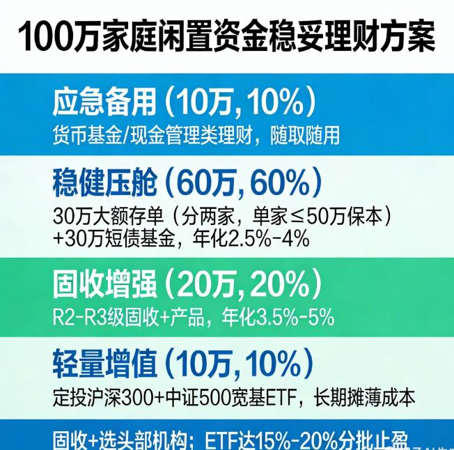 家庭有100万闲置资金，求稳妥理财方案。