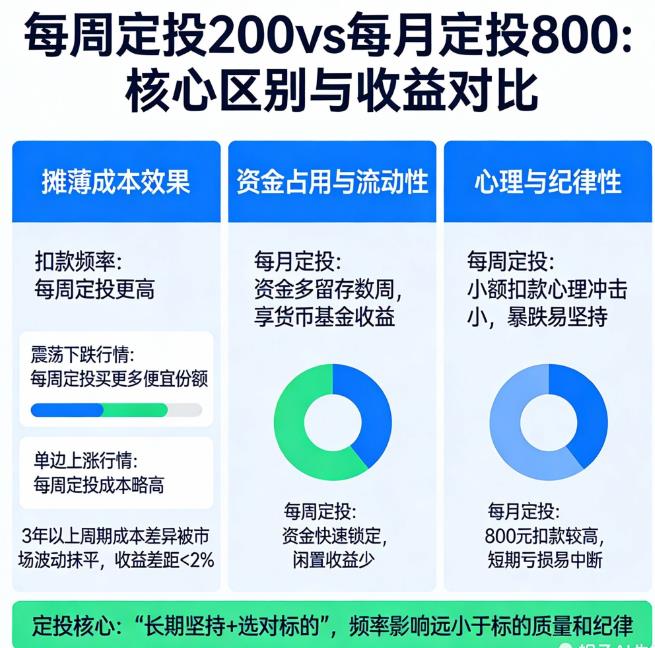 每周定投200，和每月定投800有区别吗？