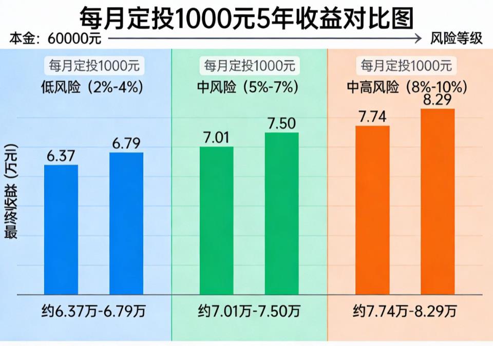 每月定投1000，5年后大概有多少钱？
