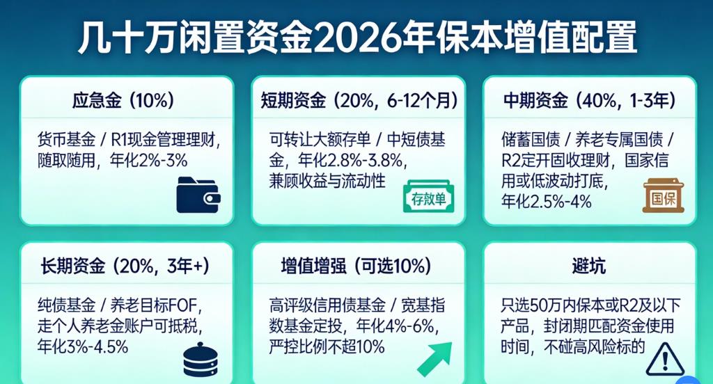 家里有几十万闲置资金，既想保本又想增值，在2026年该如何进行具体的资产配置？