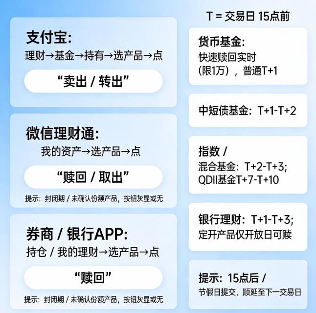 理财产品“赎回”按钮在哪？钱多久到账？