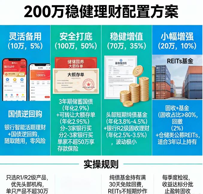 200万闲钱做稳健理财，求具体方案。