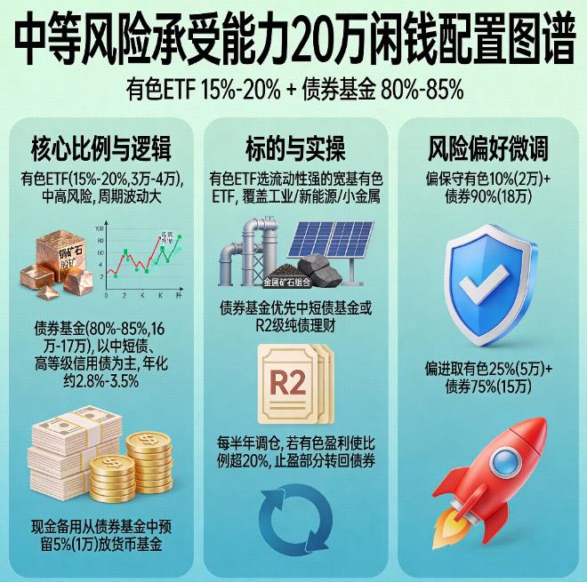 20万闲钱,配置有色ETF和债券基金的比例多少合适?