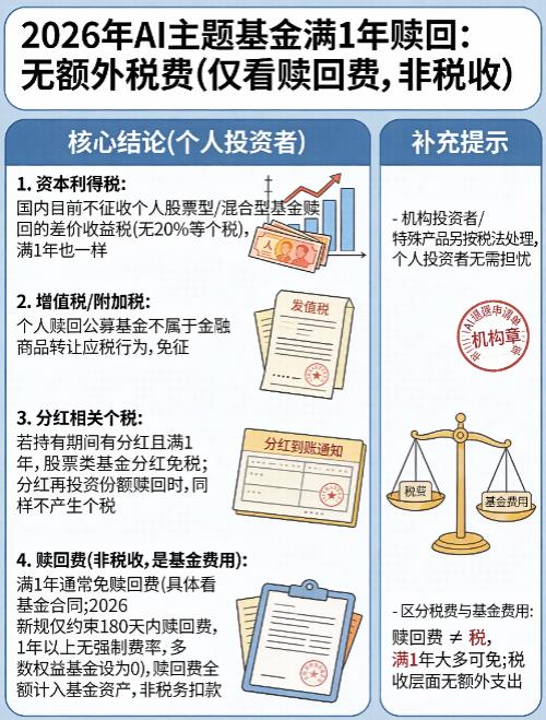 2026年持有人工智能主题基金满1年，赎回要交多少税？