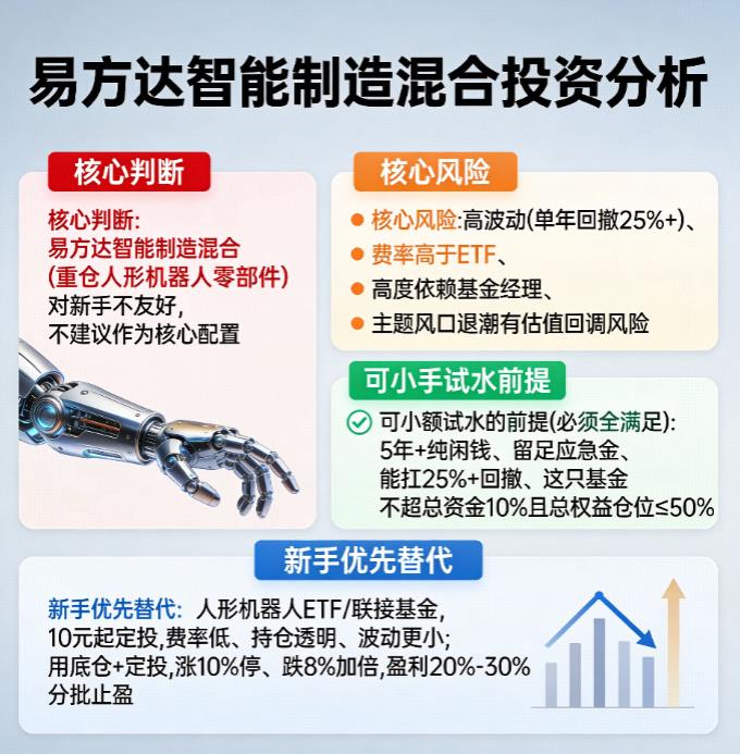 易方达智能制造混合重仓人形机器人零部件，适合新手吗？​